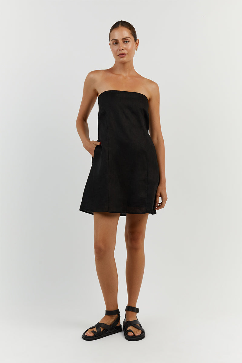 DAPHNE BLACK LINEN MINI DRESS