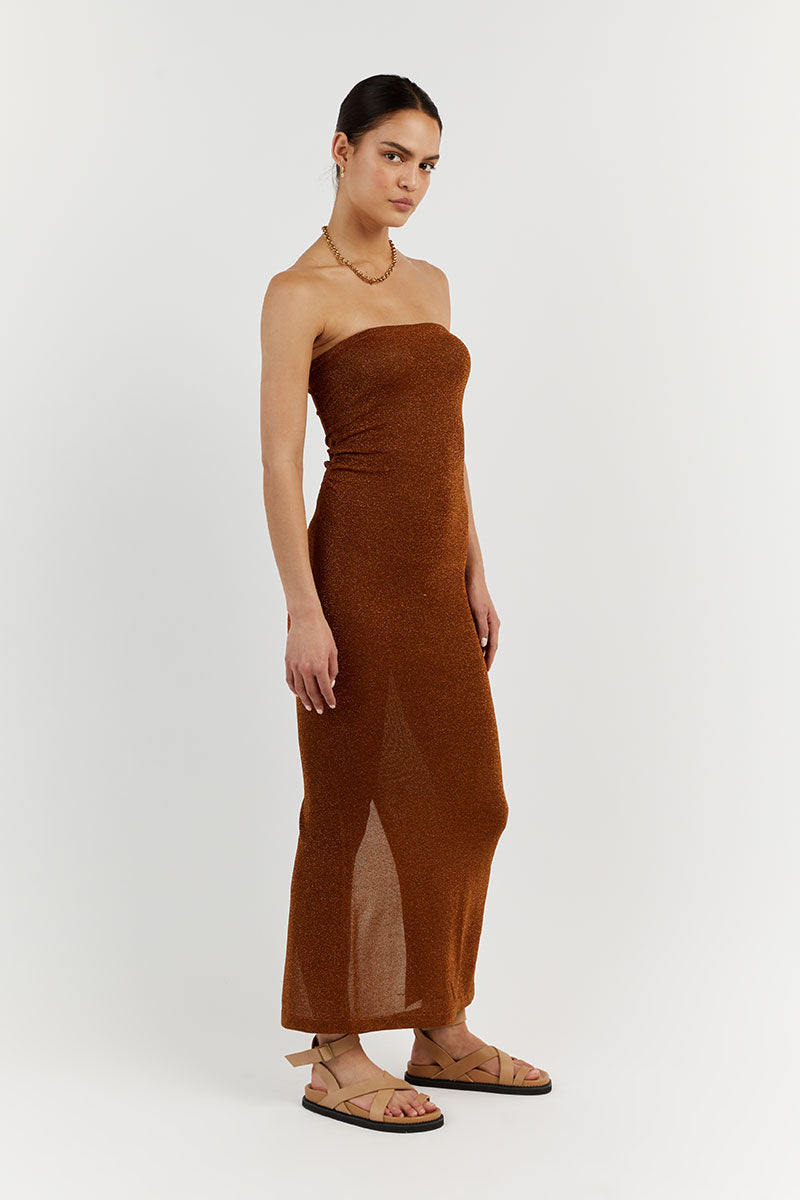 NICO BURNT ORANGE METALLIC MIDI DRESS