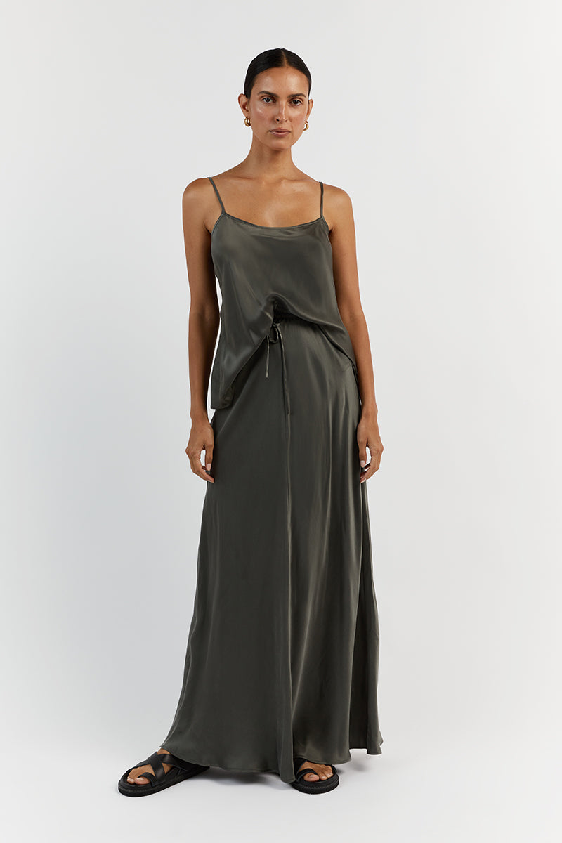 LAYLA DARK OLIVE SILK MIDI SKIRT