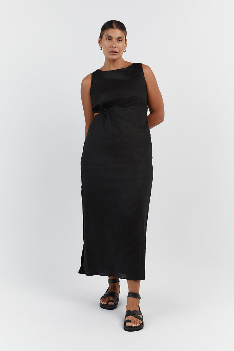 LEILANI BLACK LINEN MIDI DRESS
