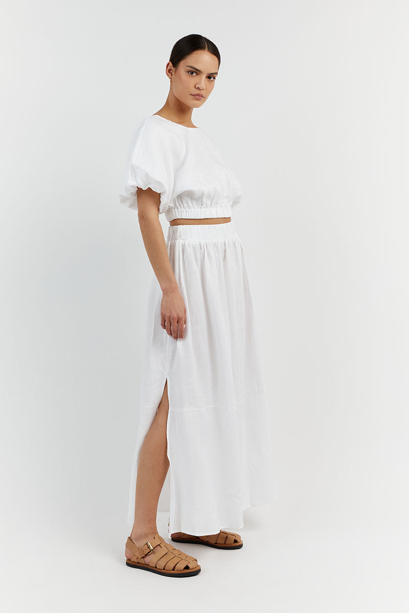 BONNIE WHITE LINEN BUBBLE CROP TOP