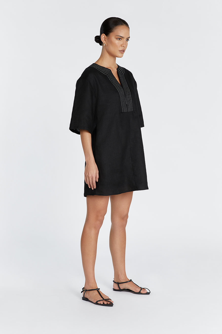 NALA BLACK LINEN MINI SMOCK DRESS