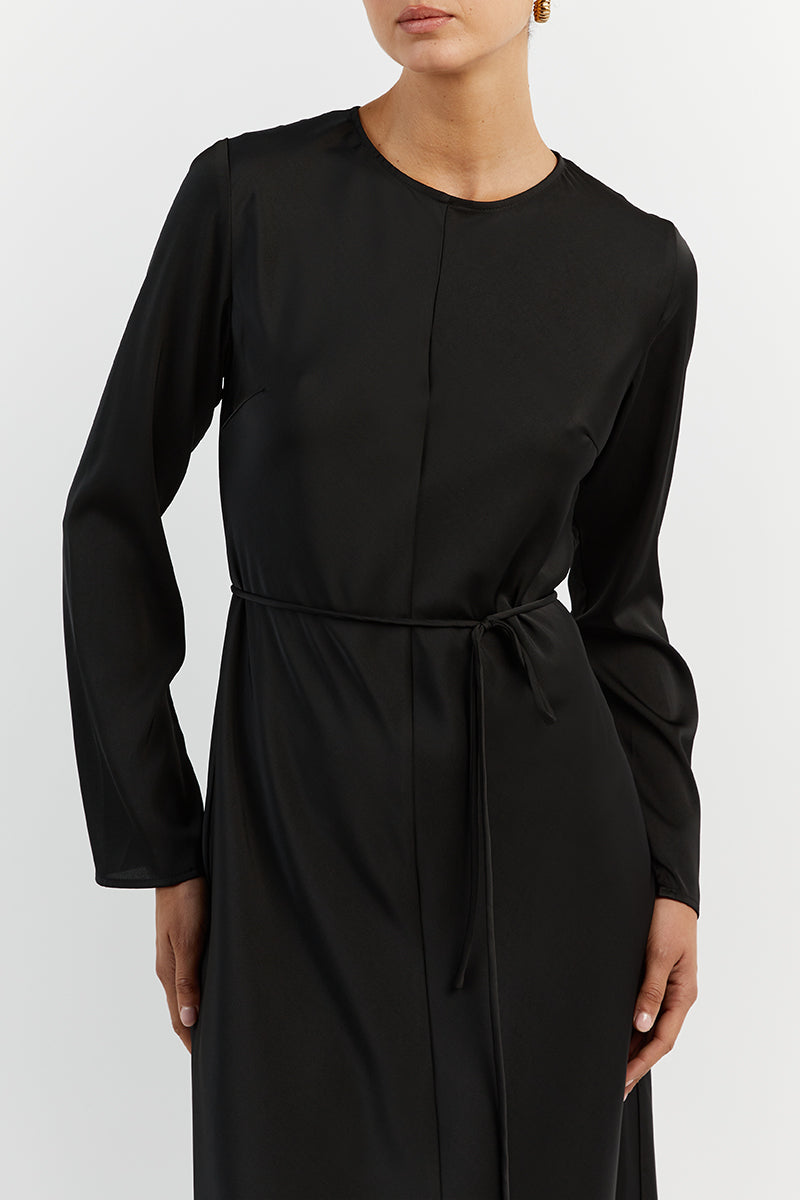 BLOOM BLACK SATIN LONG SLEEVE DRESS