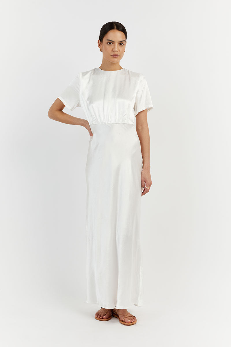 AISLE WHITE SATIN MIDI DRESS