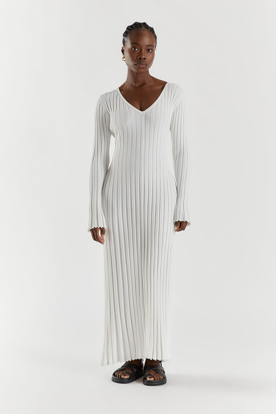 REIGN WHITE SLEEVED KNIT MIDI DRESS