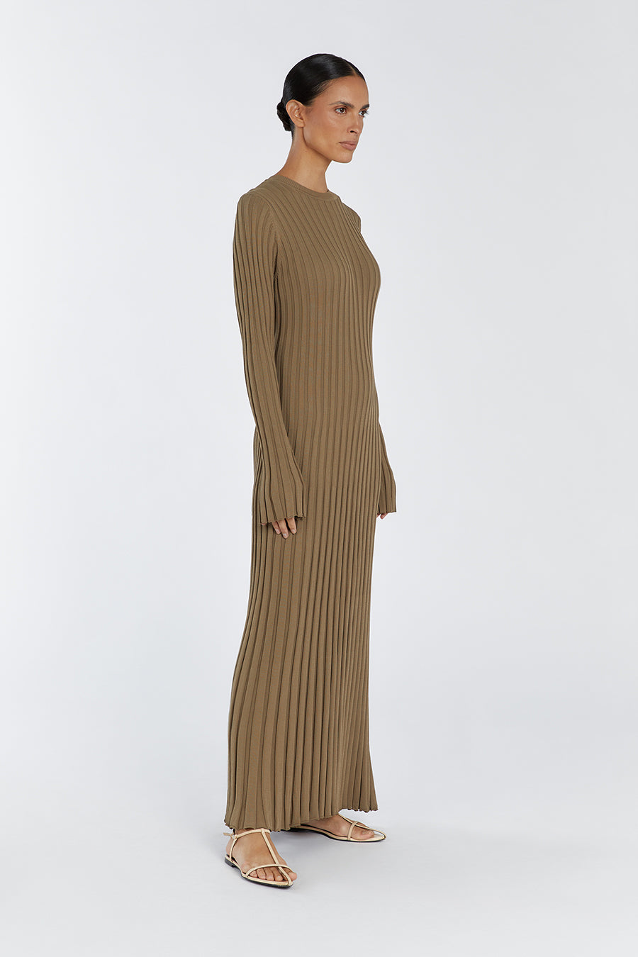 ADA KHAKI LONG SLEEVE MIDI DRESS
