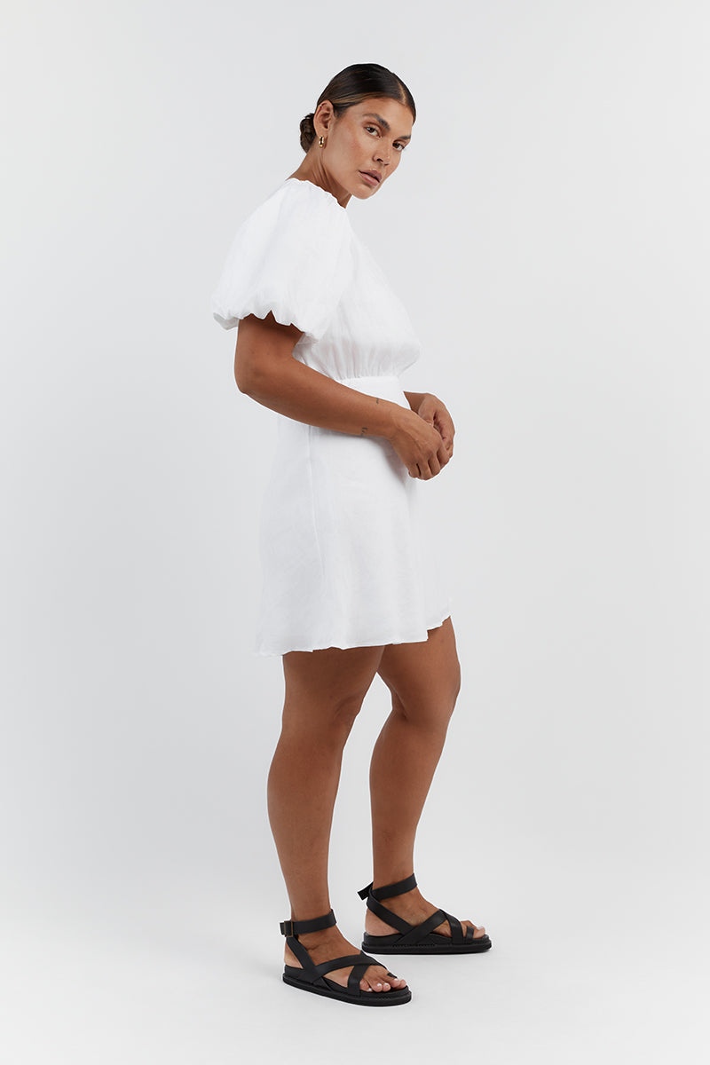 NAT WHITE GATHERED LINEN MINI DRESS