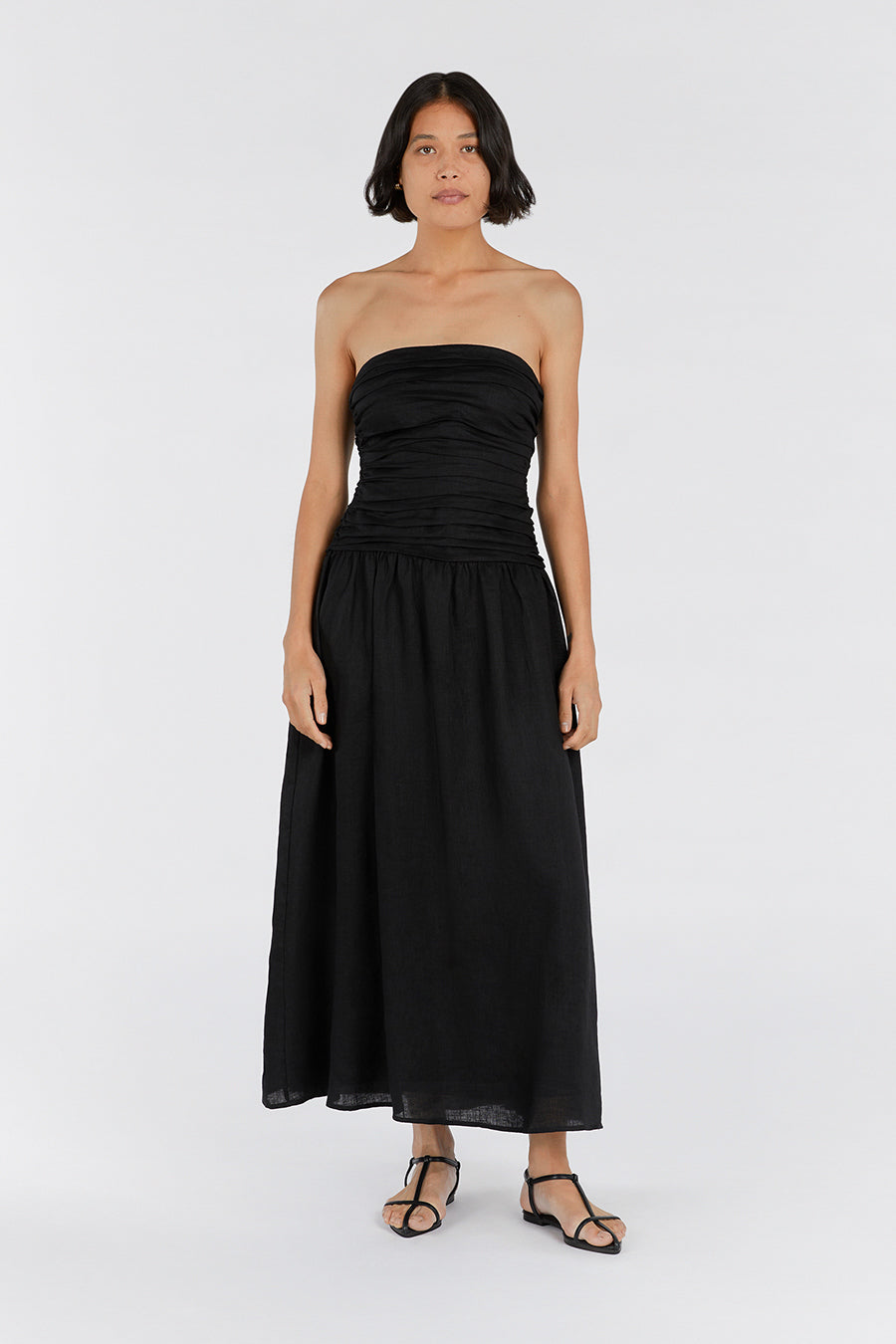 CATANIA BLACK LINEN STRAPLESS DRESS