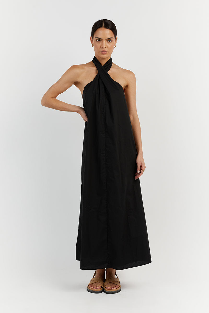 OLIVIA BLACK COTTON MIDI DRESS