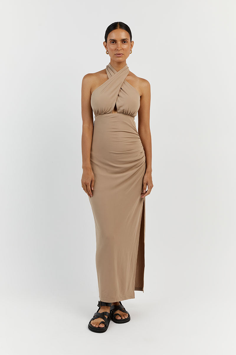AMALFI TAUPE HALTER MIDI DRESS