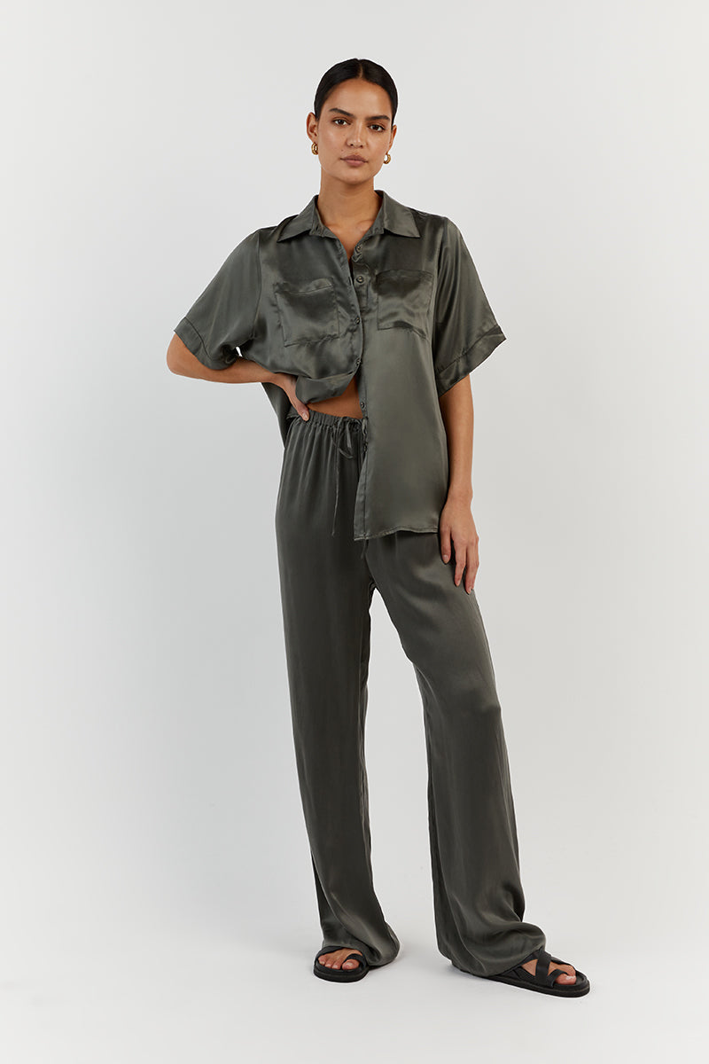 EVANS DARK OLIVE SILK PANT