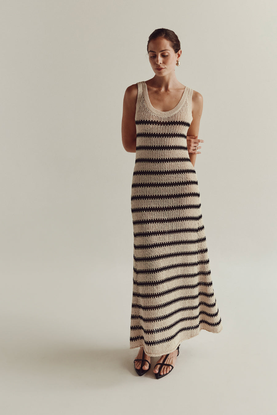 MARGOT WHEAT STRIPE KNIT MIDI DRESS