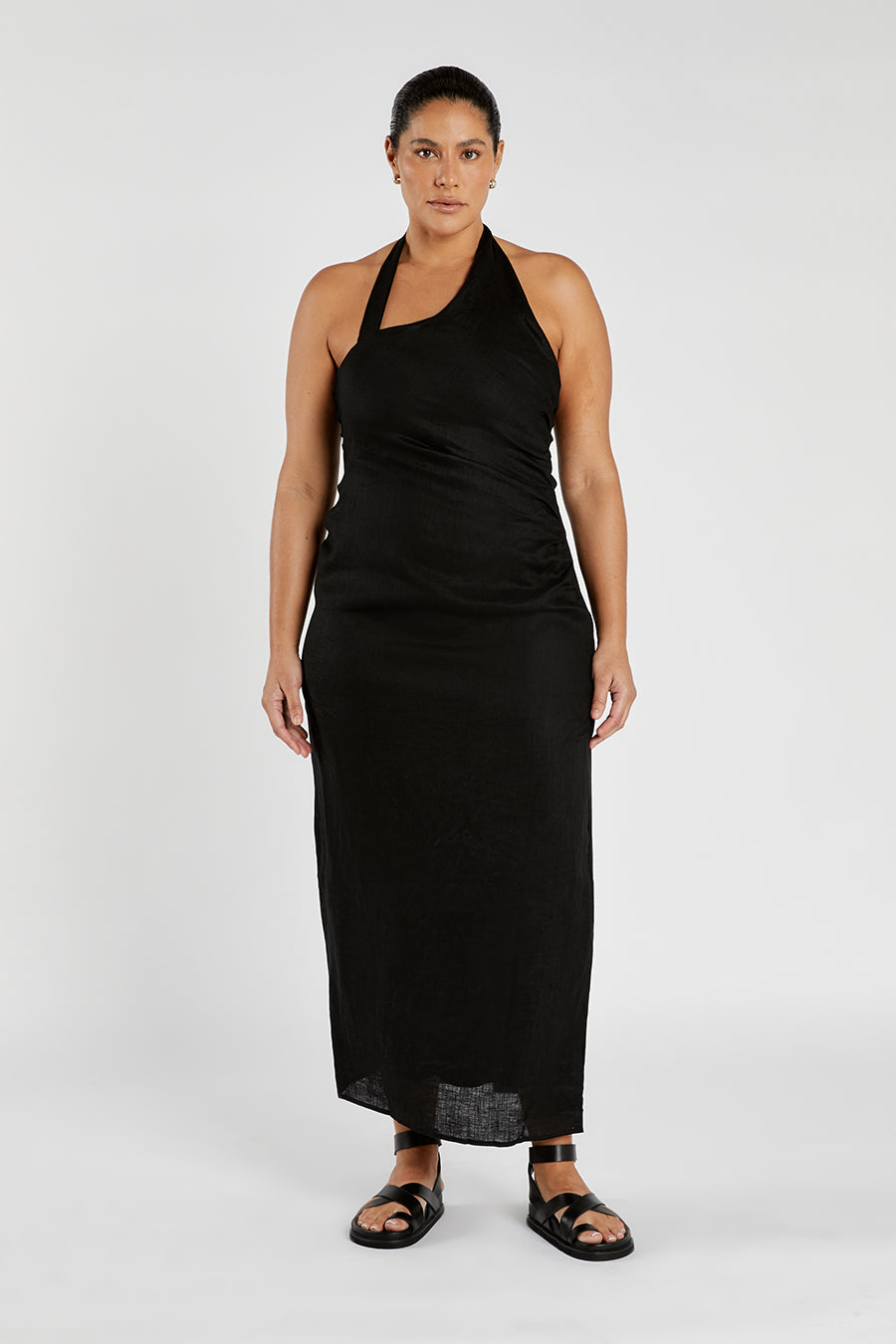 ZOEY BLACK ASYM LINEN MIDI DRESS