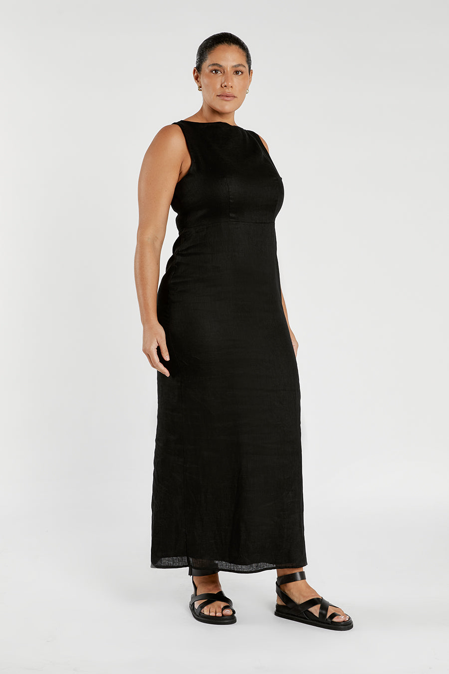 TYLA BLACK LINEN MIDI DRESS