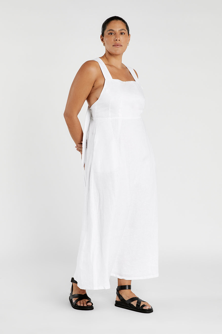 ZADIE WHITE APRON LINEN MIDI DRESS