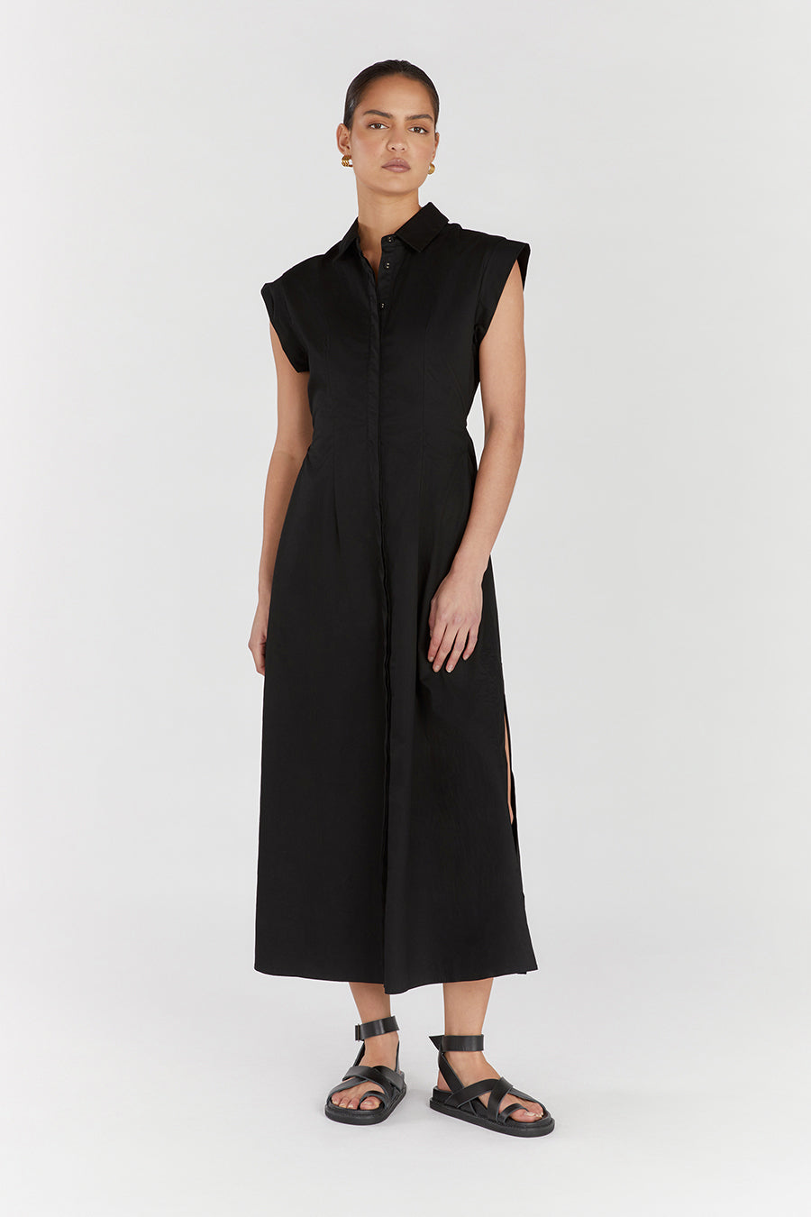 LAUREN BLACK COTTON MIDI DRESS
