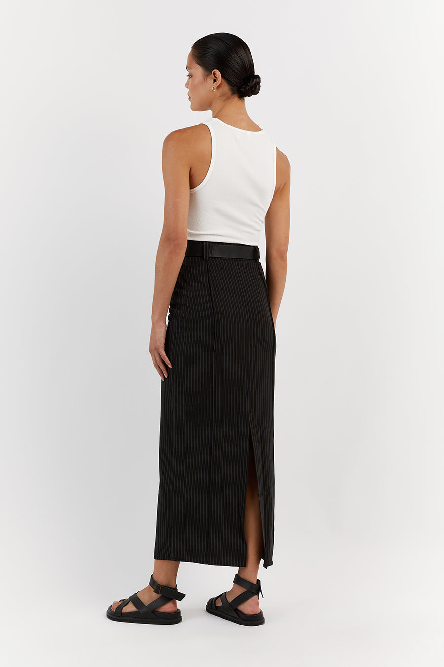 DIEGO BLACK PINSTRIPE MIDI SKIRT