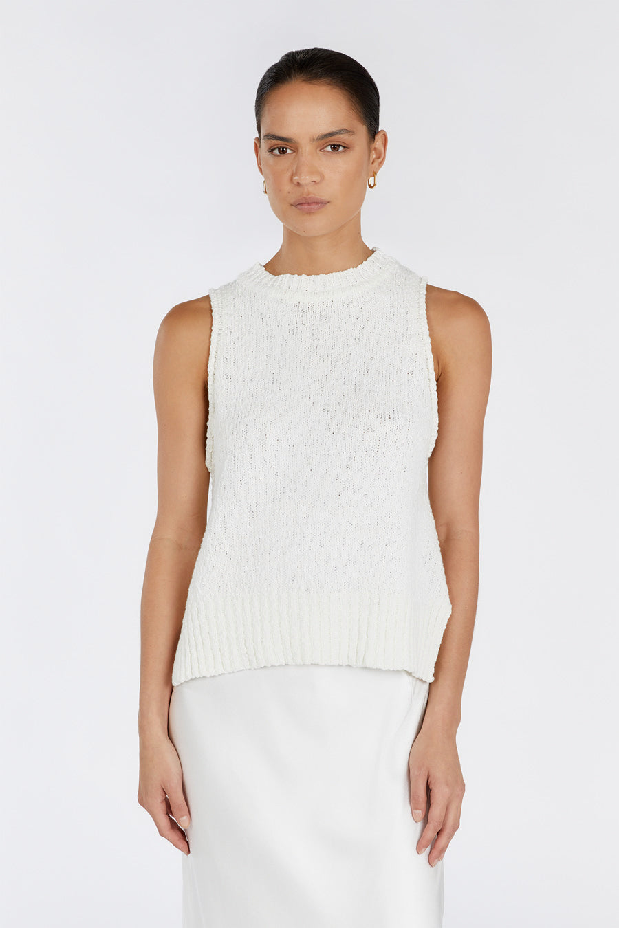 DION OFF WHITE BOUCLE CREW NECK TOP