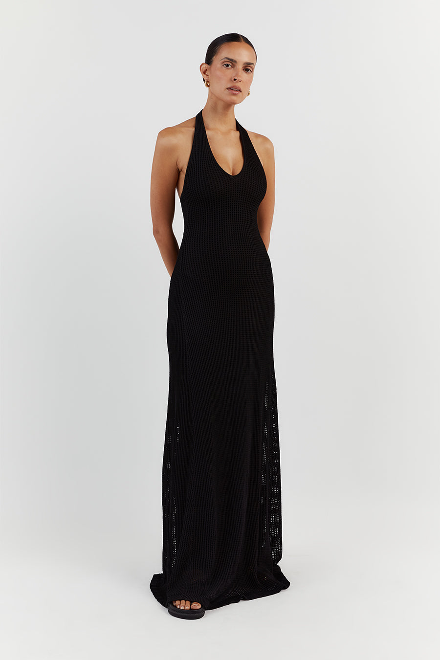 OPHELIA BLACK CROCHET HALTER MIDI DRESS