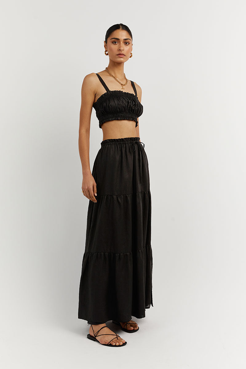 BONNIE BLACK GATHER LINEN CROP TOP