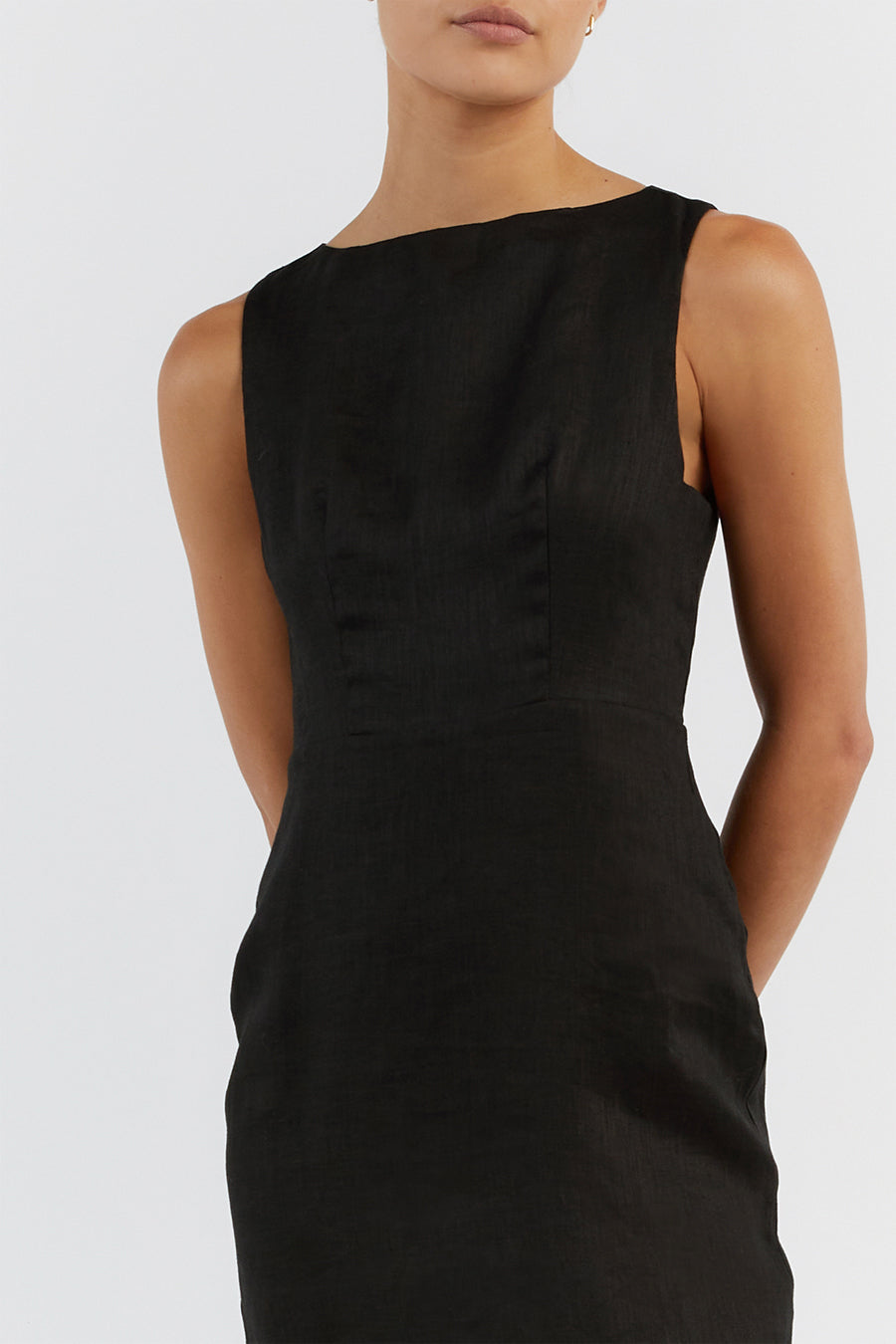 TYLA BLACK LINEN MIDI DRESS