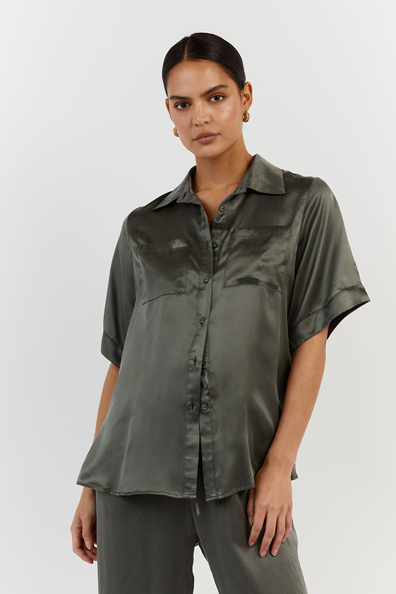 EVANS DARK OLIVE SILK VACATION SHIRT
