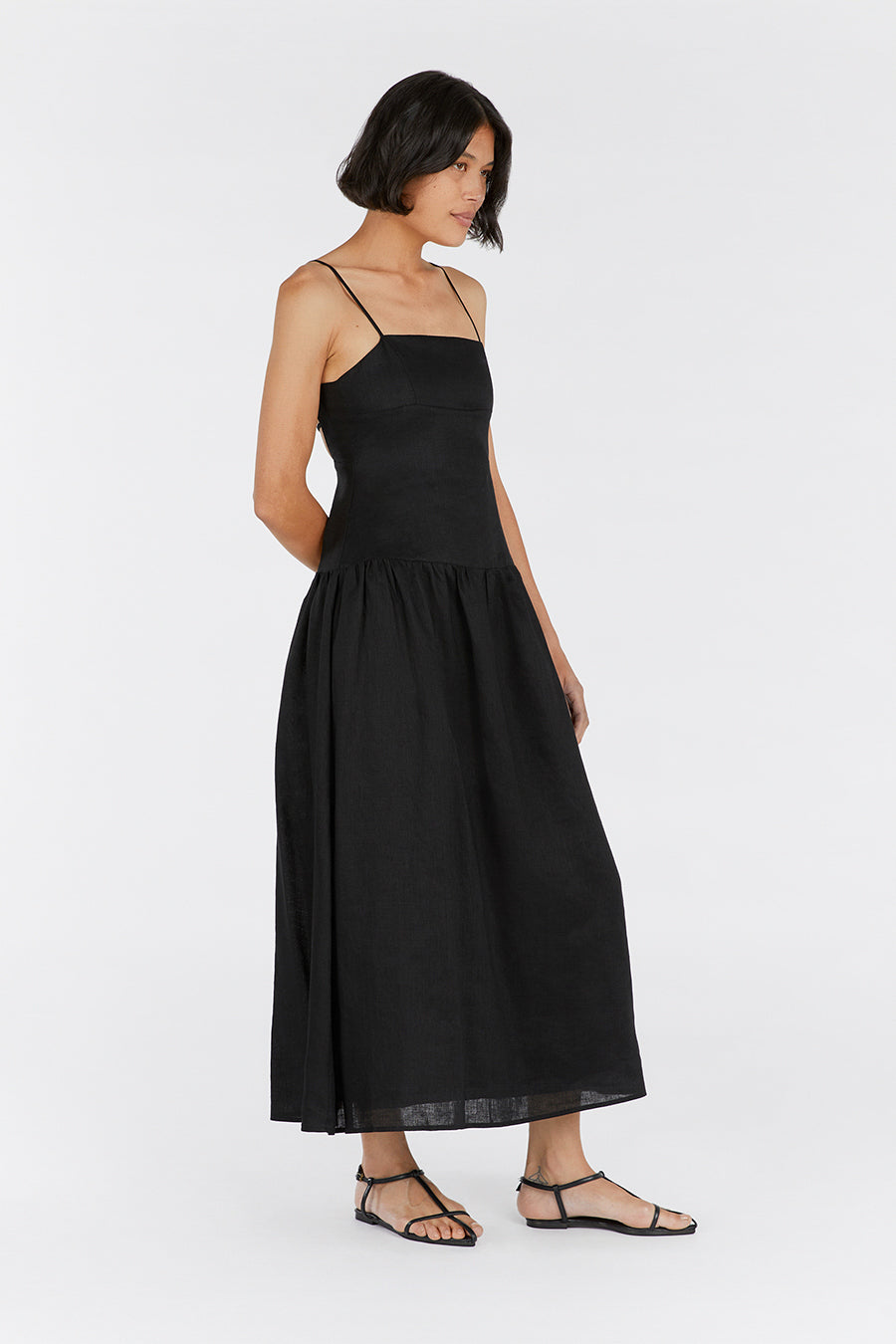 KAY BLACK LINEN MIDI DRESS