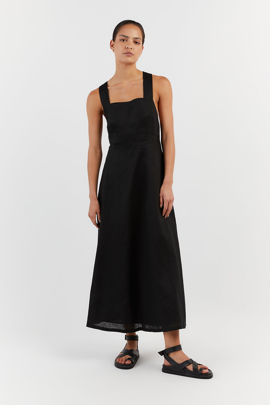 ZADIE BLACK APRON LINEN MIDI DRESS