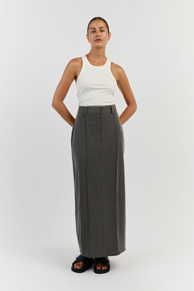 DIEGO GREY PINSTRIPE MIDI SKIRT