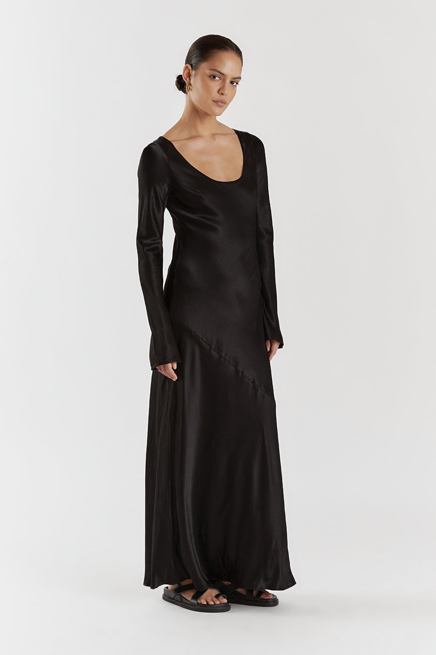 LEA BLACK SLEEVED SATIN MAXI DRESS