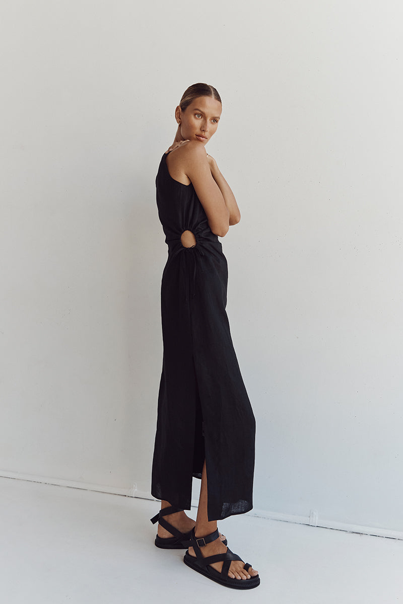 BEAU BLACK LINEN MIDI DRESS