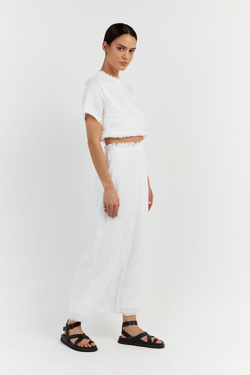 GEORGIE WHITE LINEN FRINGE CROP TOP