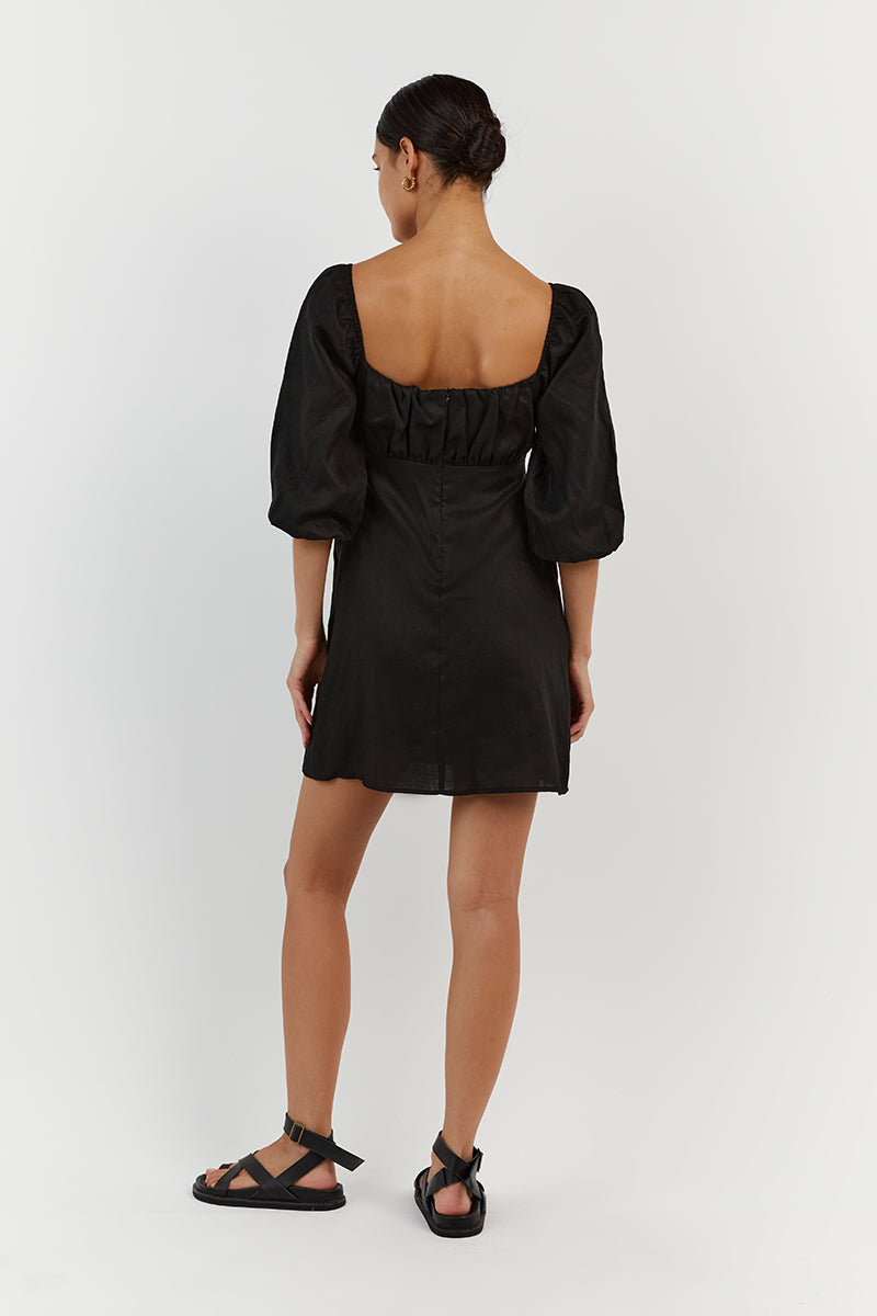LILAH BLACK LINEN MINI DRESS
