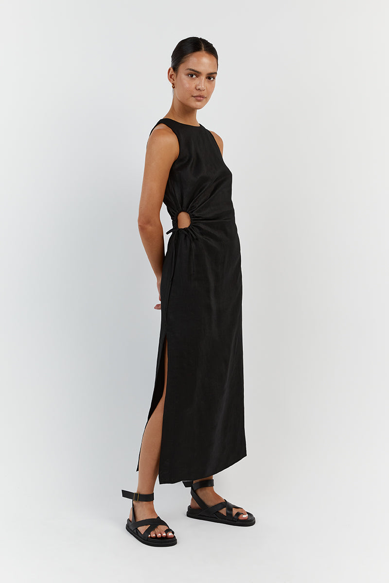 BEAU BLACK LINEN MIDI DRESS