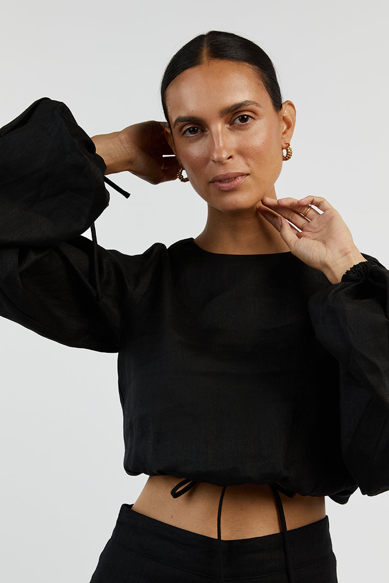 MOLLY BLACK LINEN CROP TOP