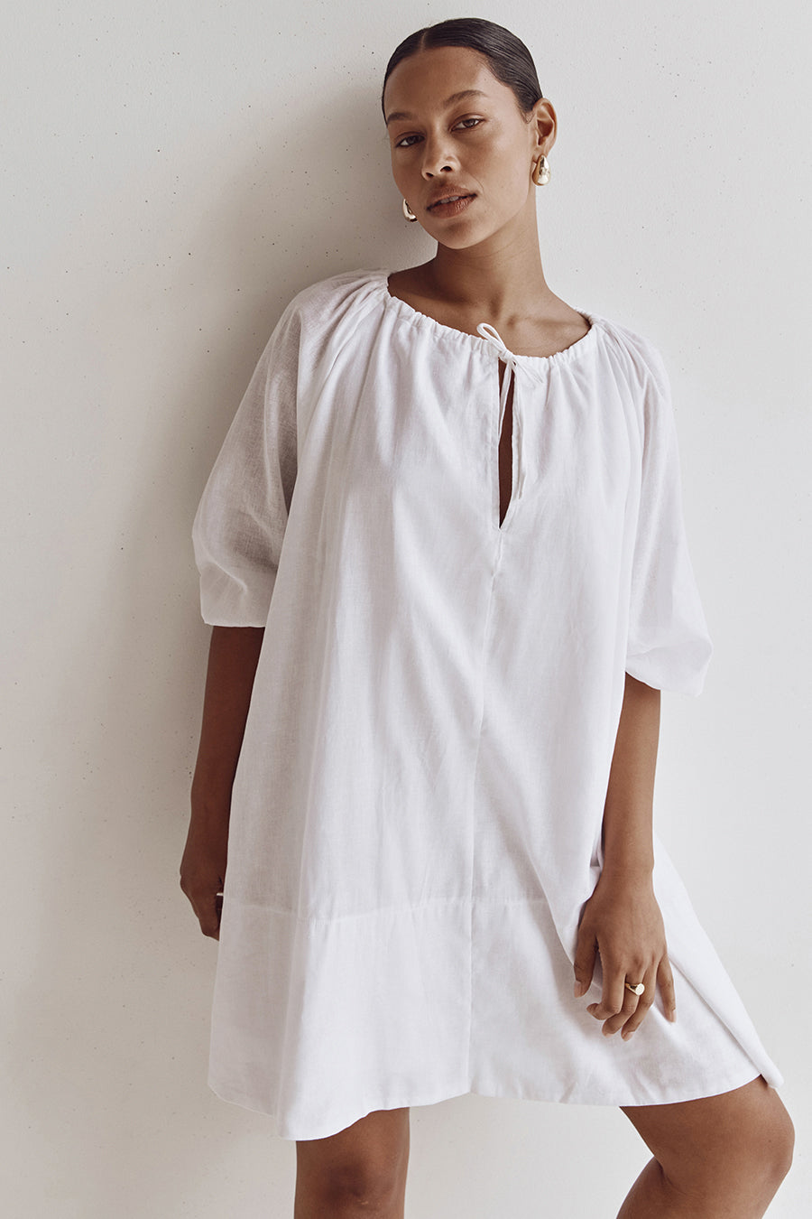 NADIA WHITE LINEN SMOCK DRESS