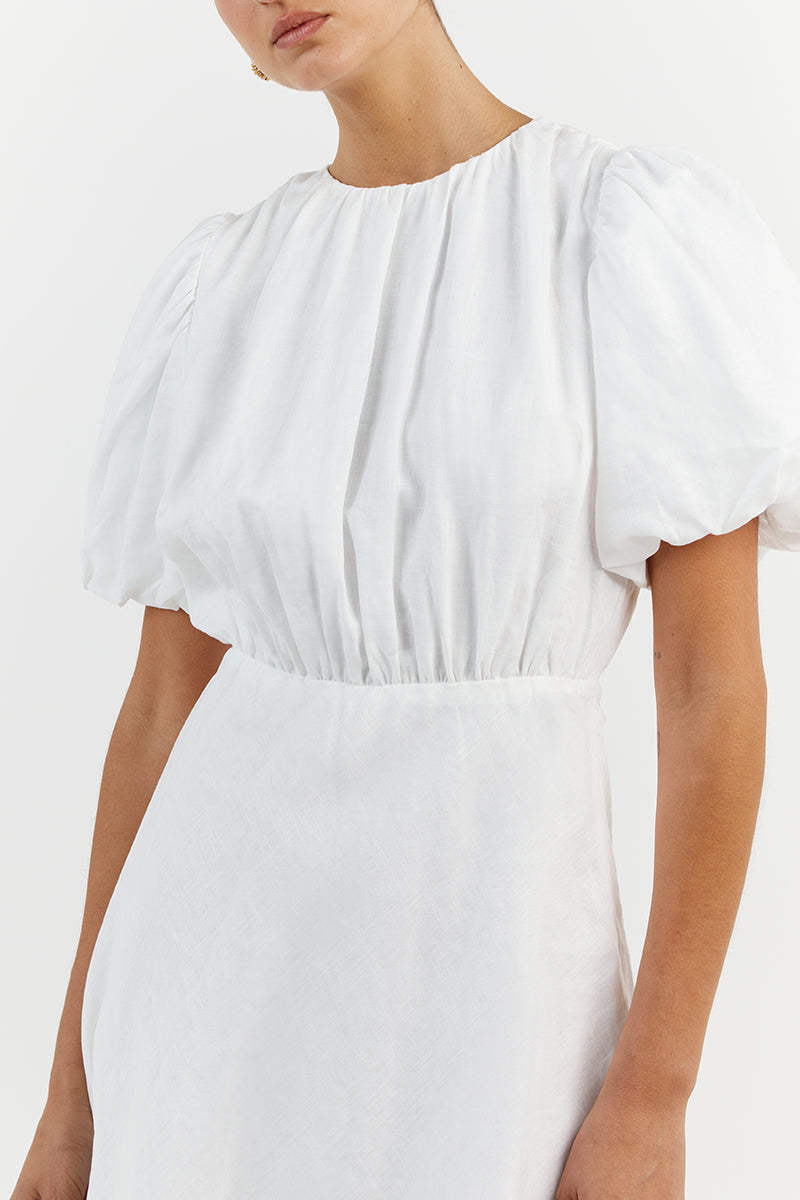 NAT WHITE GATHERED LINEN MINI DRESS