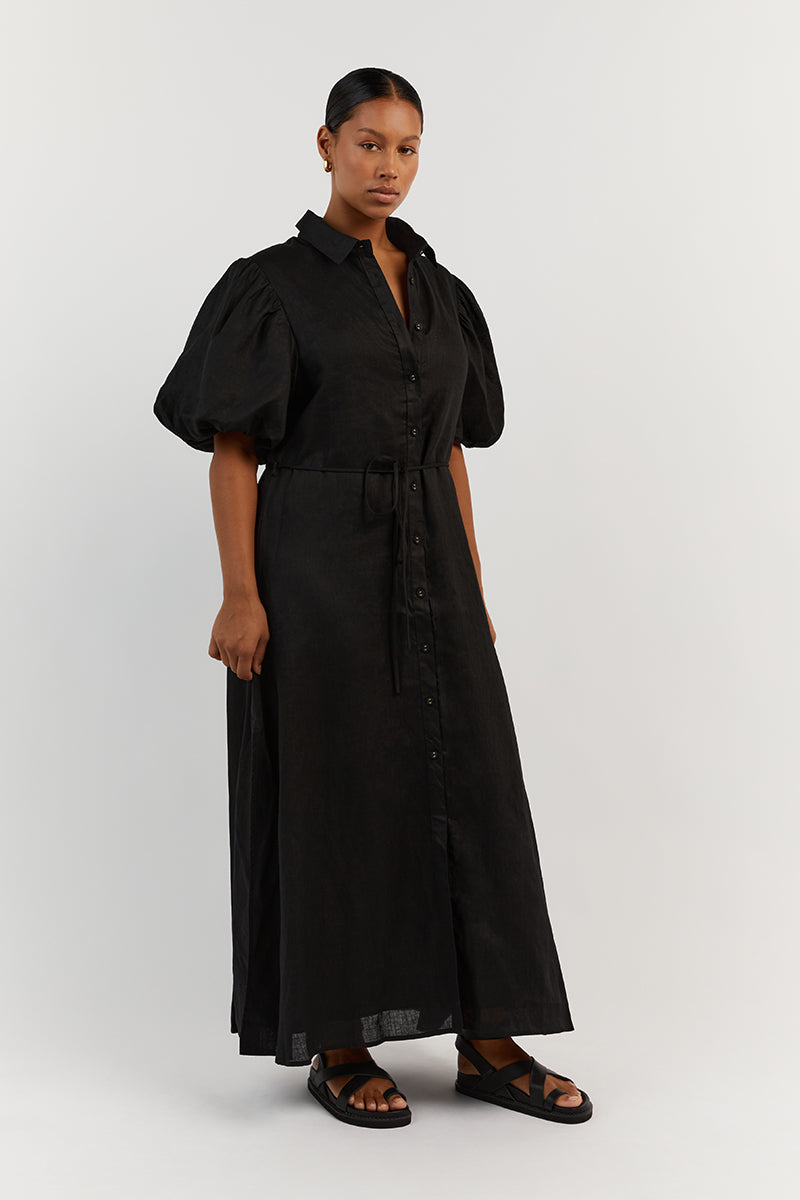 RAE BLACK LINEN SHIRT MIDI DRESS