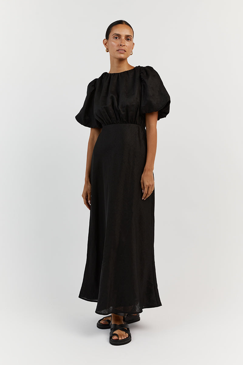 NAT BLACK LINEN GATHERED MIDI DRESS
