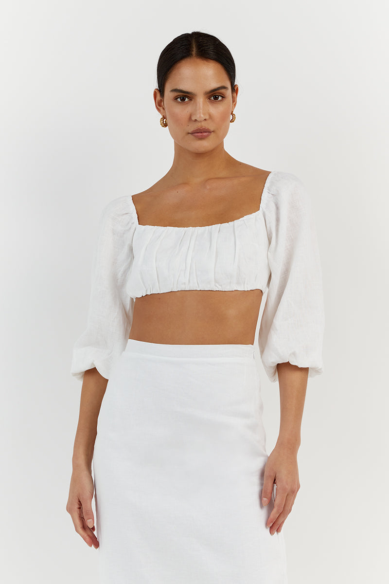 LILAH SLEEVED WHITE LINEN CROP TOP