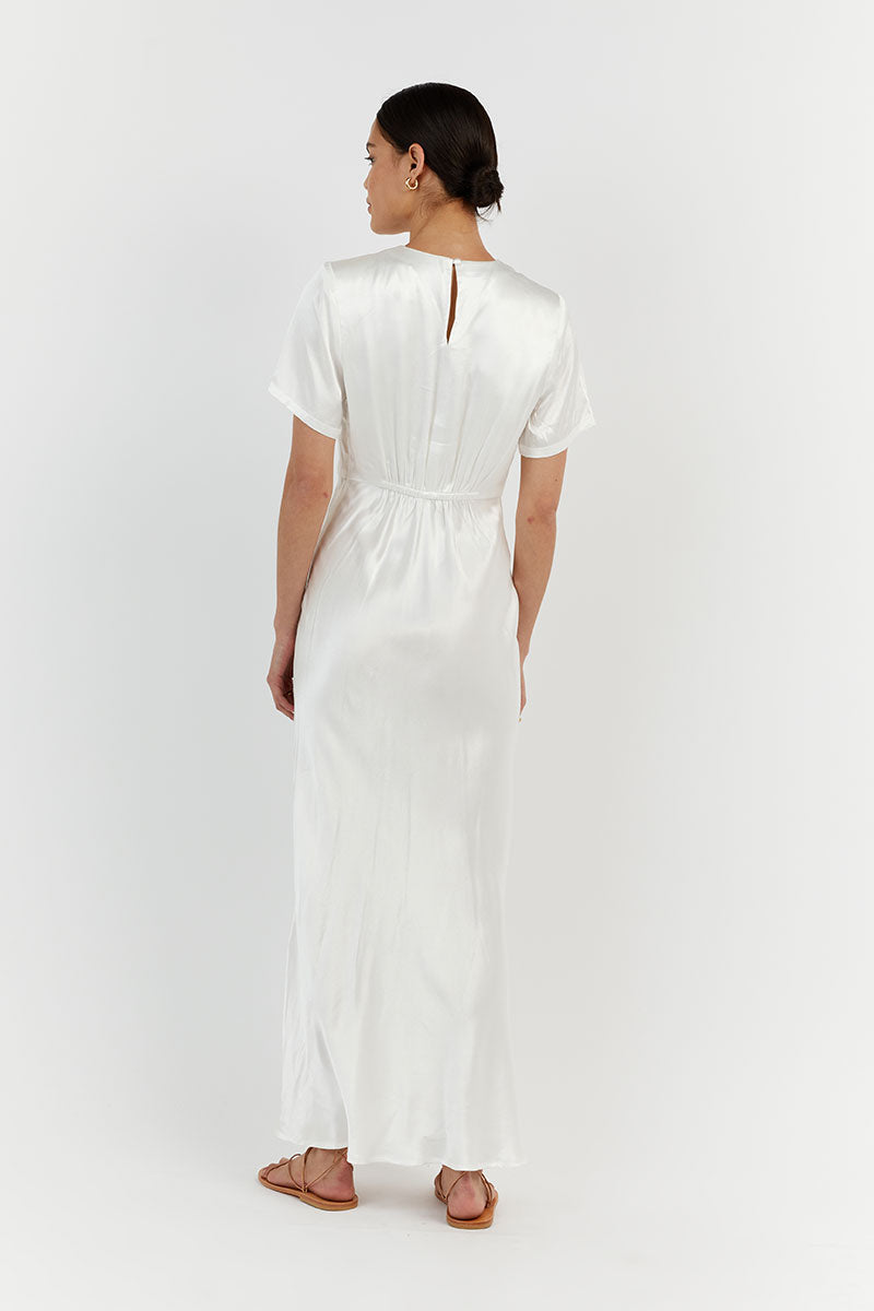AISLE WHITE SATIN MIDI DRESS