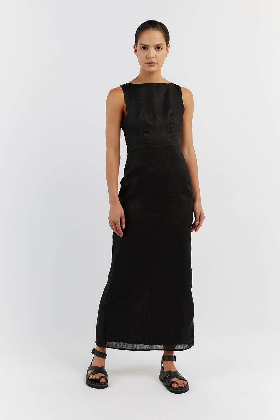 TYLA BLACK LINEN MIDI DRESS