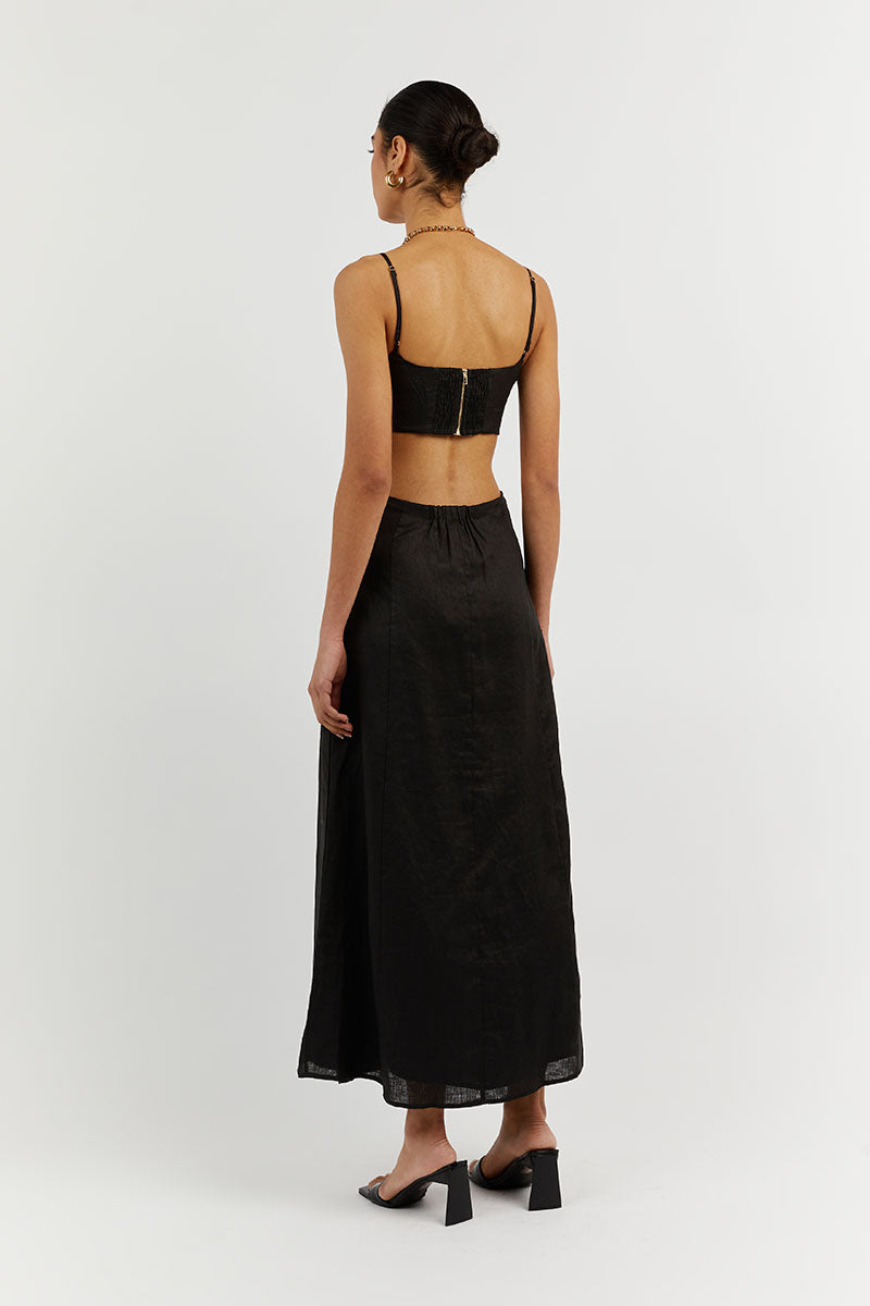 VIENNA BLACK LINEN CURVED CROP TOP