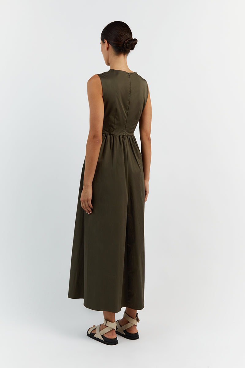 RAMSEY DARK OLIVE COTTON MIDI DRESS