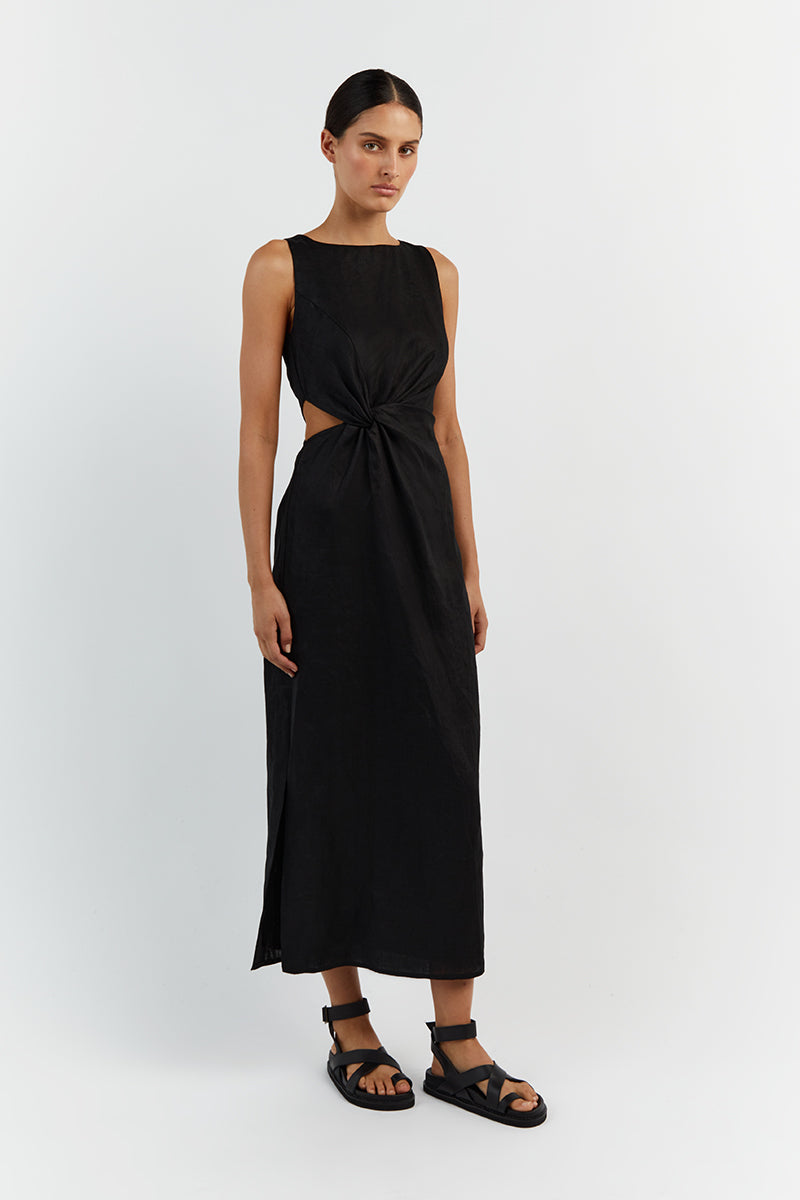 LEILANI BLACK LINEN MIDI DRESS