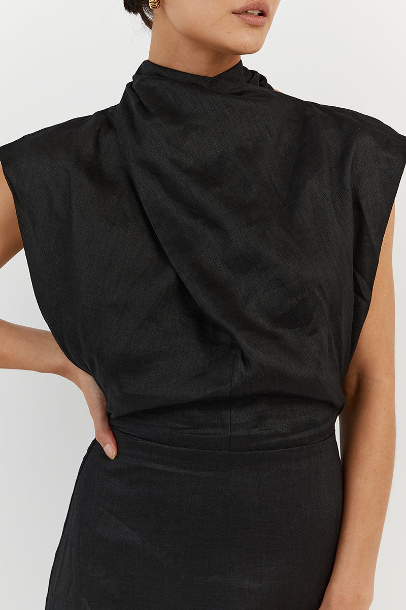 ALESSI BLACK LINEN MIDI DRESS