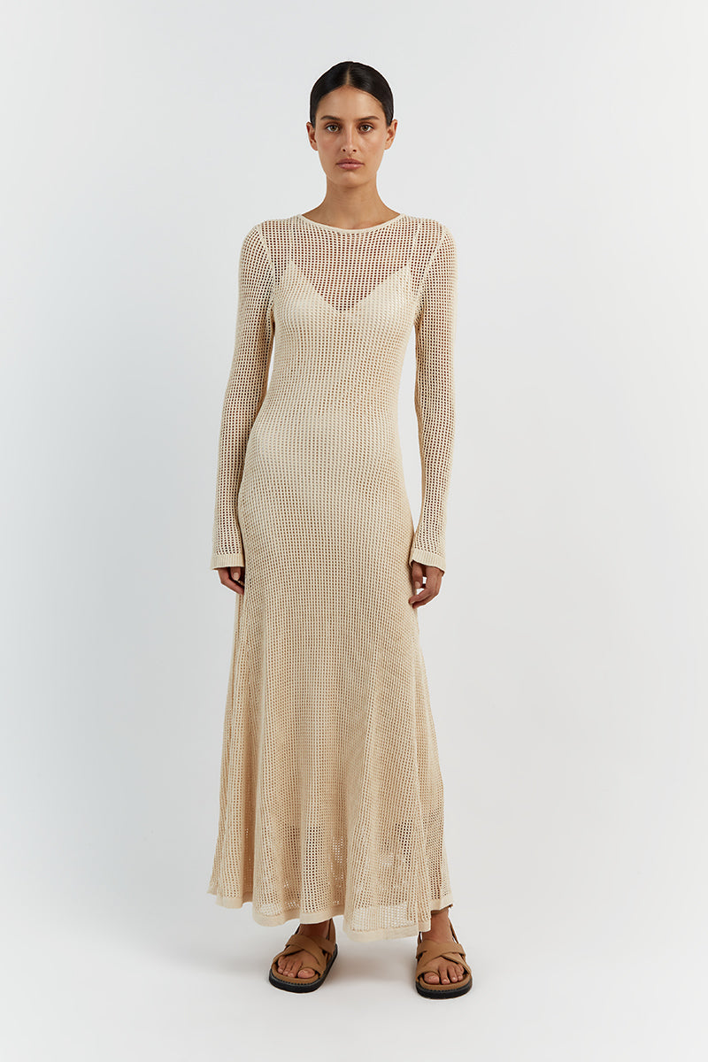 OPHELIA NATURAL LONG SLEEVE CROCHET MAXI DRESS