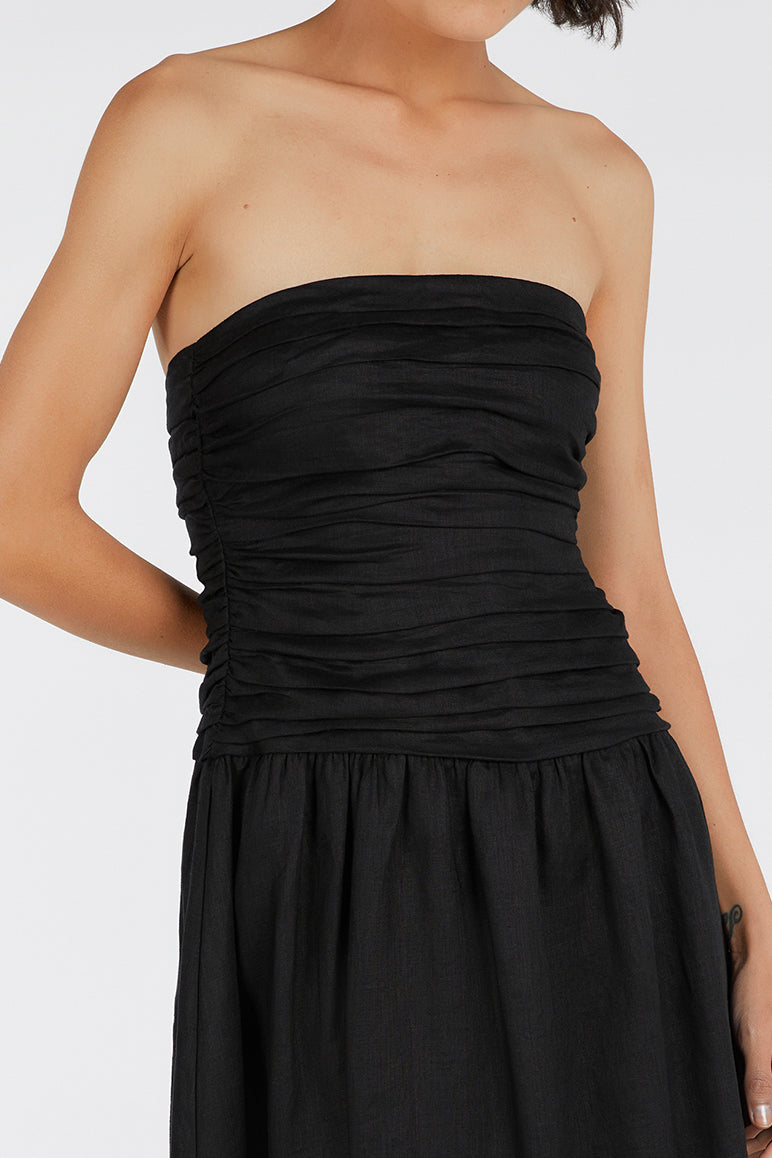 CATANIA BLACK LINEN STRAPLESS DRESS