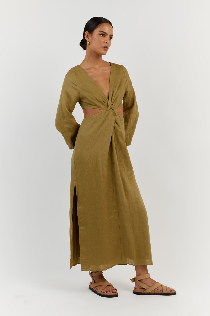 TINA OLIVE LINEN MIDI DRESS