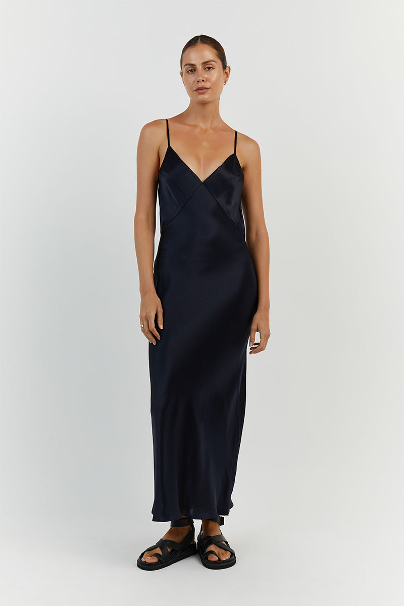 EVANS NAVY SILK PANEL SLIP DRESS